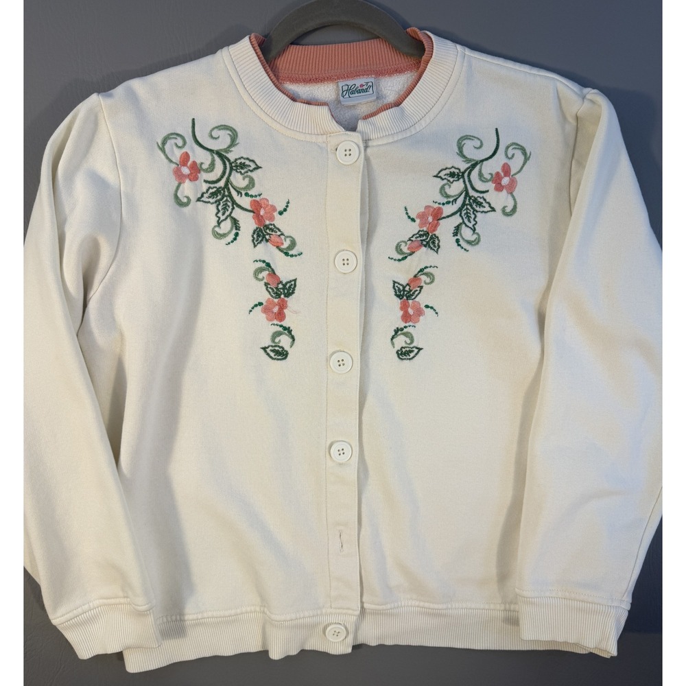 Haband Cardigan Sweatshirt Women XL Cream Excellent Floral Embroidered Fleece
